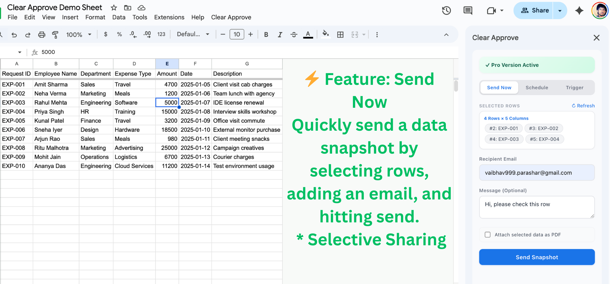 Clear Approve sidebar open in Google Sheets showing send, schedule, and trigger tabs